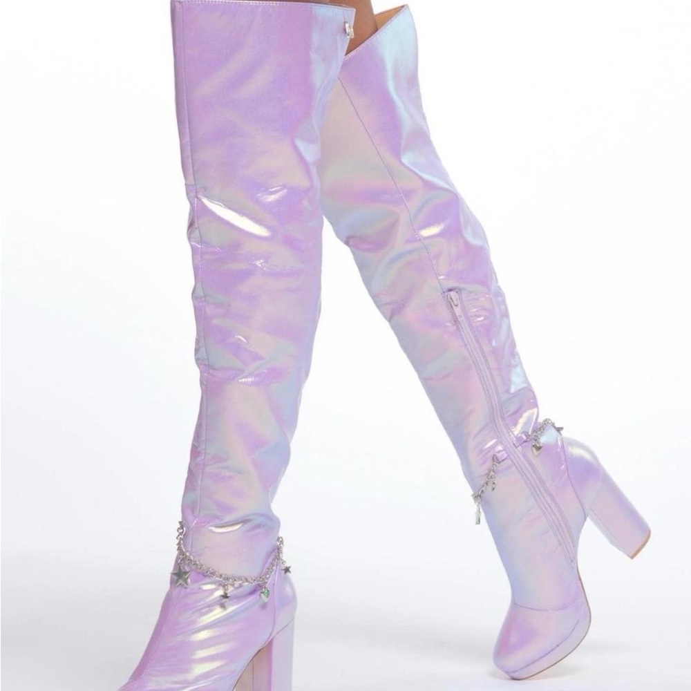 Shimmering Lavender Over-the-Knee Heeled Boots